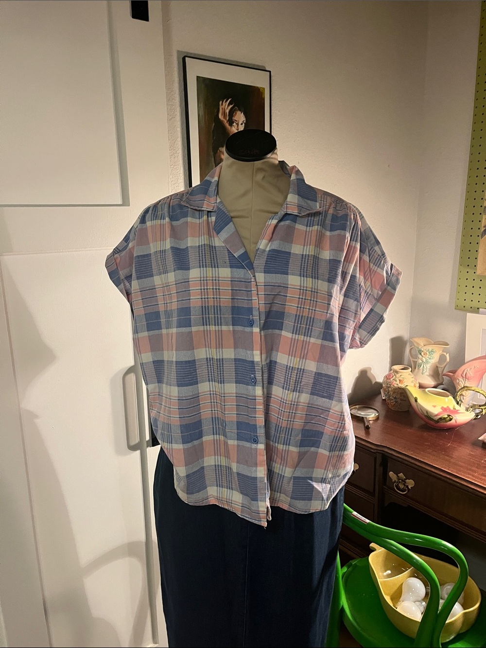 Vintage Soft Pastel Plaid Button-Up Shirt - Blue & Pink